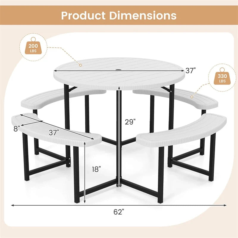 8 Person Round Outdoor Picnic Table Bench Set with Umbrella Hole, All-Weather HDPE Tabletop & Metal Frame for Patio Garden Yard