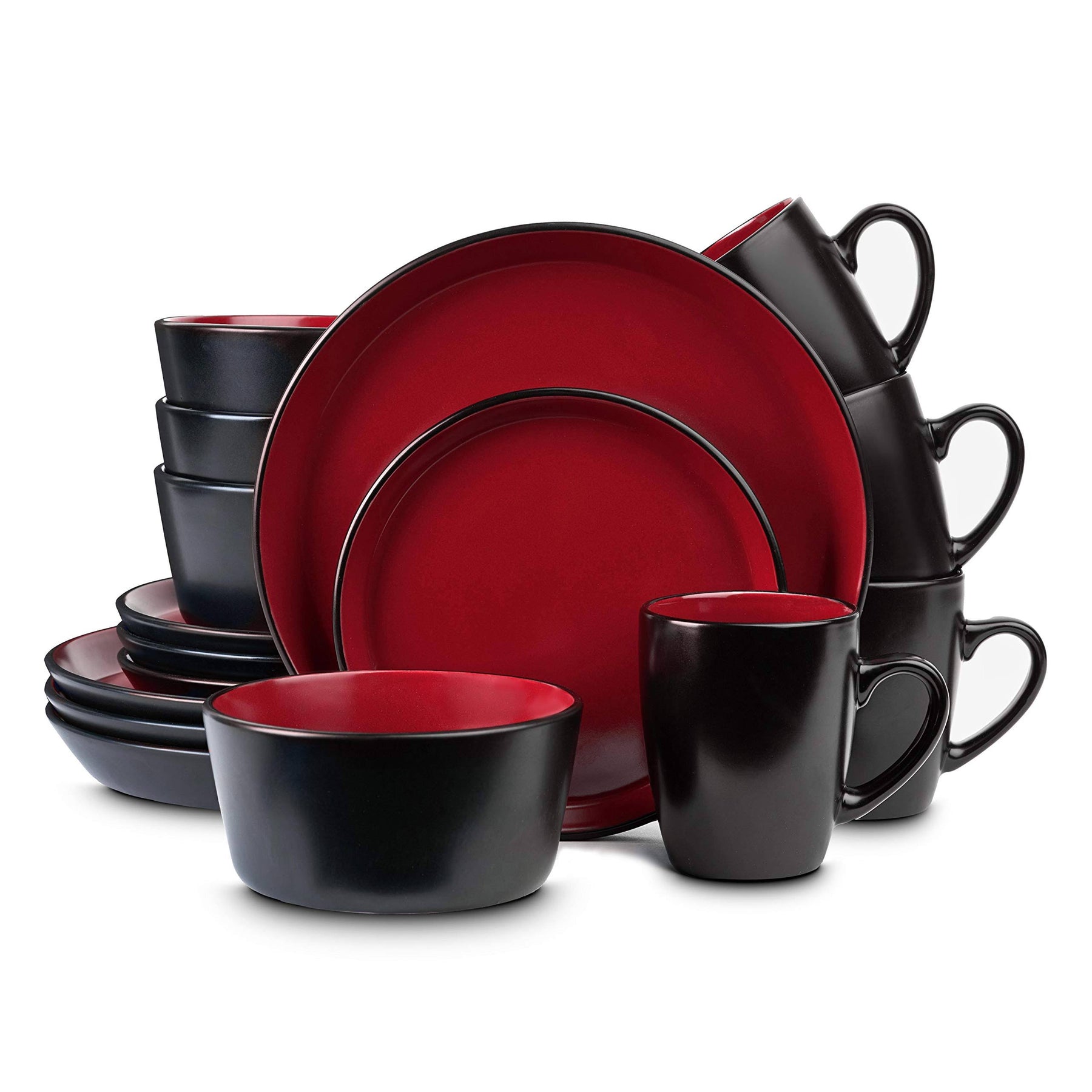 Stone Lain Albie 16-Piece Stoneware Dinnerware Set, Service for 4, Red and Black