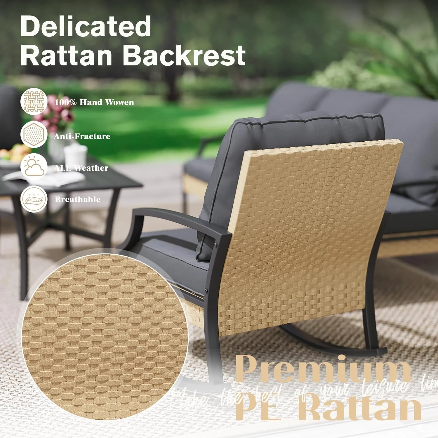 AECOJOY Outdoor Patio Furniture Set with Rocking Chair, 4 Piece Rattan Conversation Bistro Set with Coffee Table, Gray