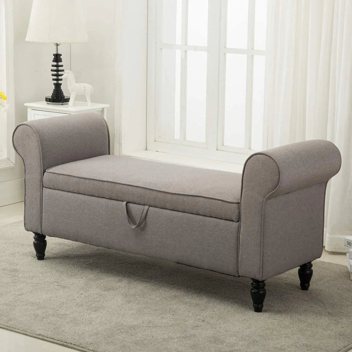 Andeworld Storage Bench with Arms Upholstered Bench Settee for Bedroom Living Room Gray
