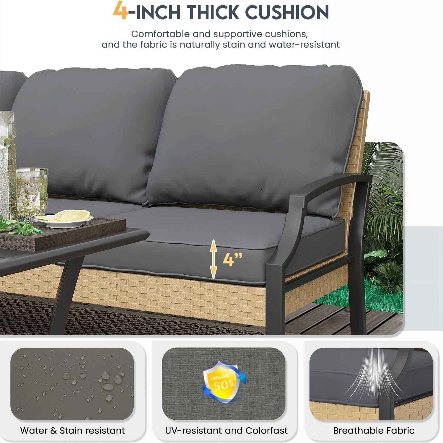 AECOJOY Outdoor Patio Furniture Set with Rocking Chair, 4 Piece Rattan Conversation Bistro Set with Coffee Table, Gray