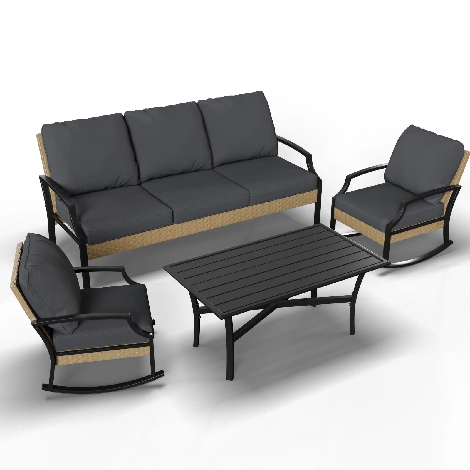 AECOJOY Outdoor Patio Furniture Set with Rocking Chair, 4 Piece Rattan Conversation Bistro Set with Coffee Table, Gray