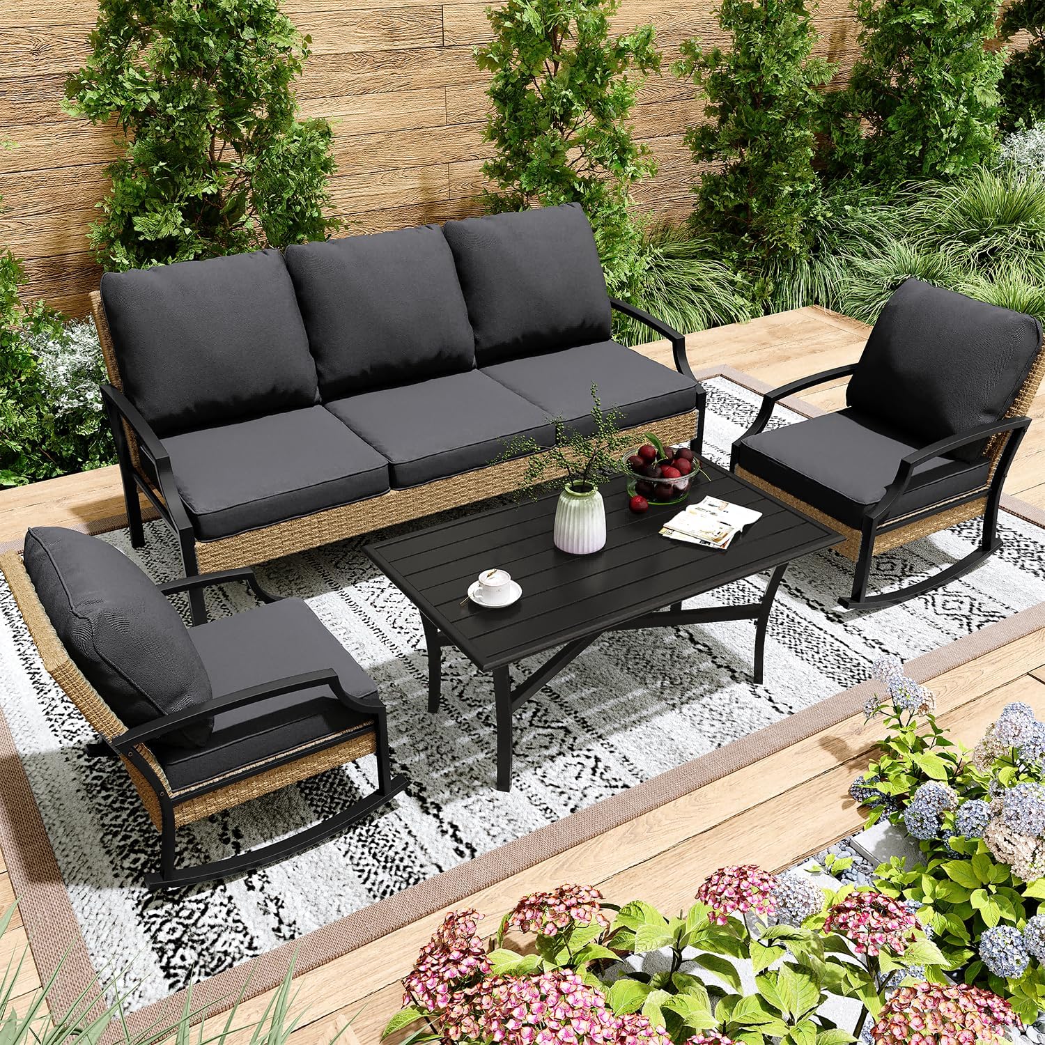 AECOJOY Outdoor Patio Furniture Set with Rocking Chair, 4 Piece Rattan Conversation Bistro Set with Coffee Table, Gray