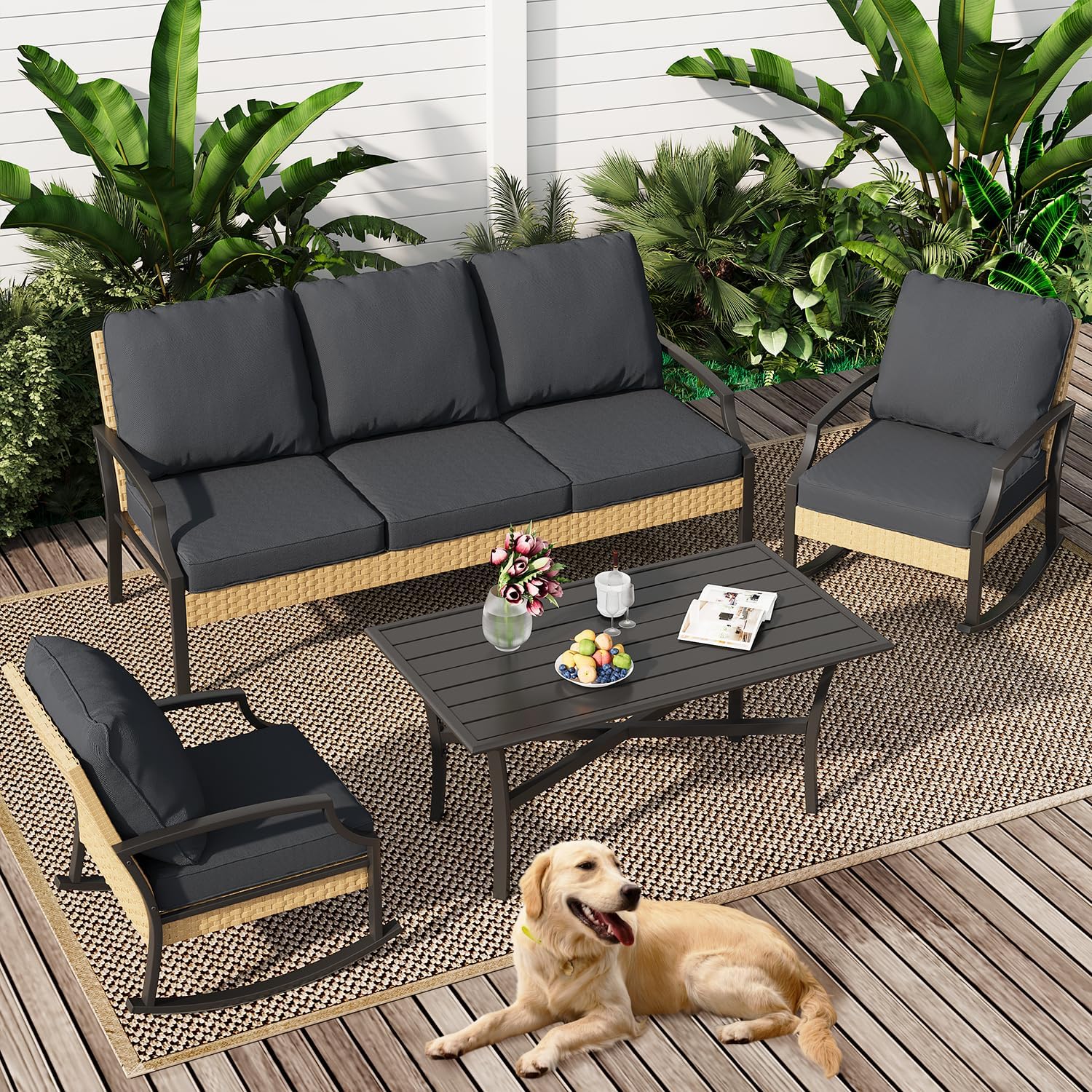 AECOJOY Outdoor Patio Furniture Set with Rocking Chair, 4 Piece Rattan Conversation Bistro Set with Coffee Table, Gray