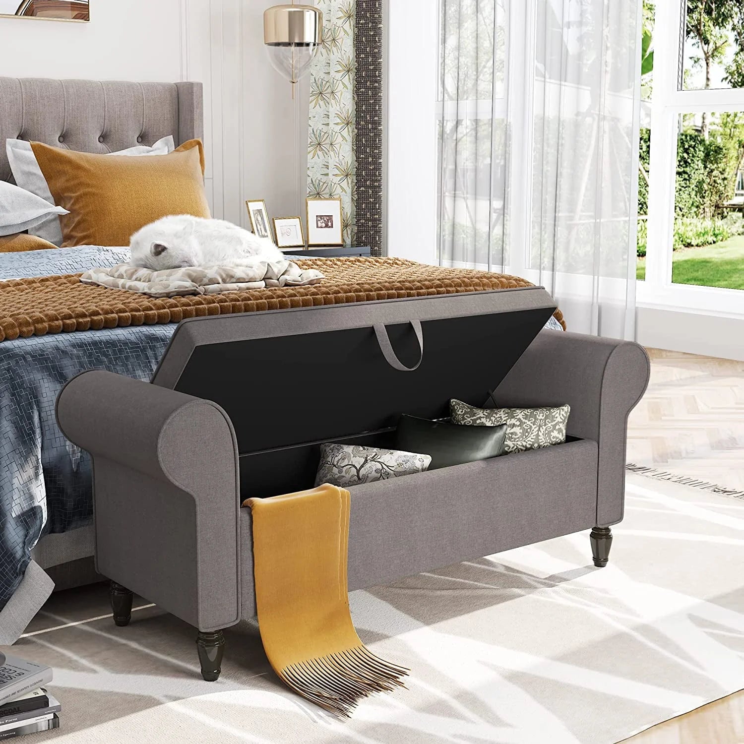 Andeworld Storage Bench with Arms Upholstered Bench Settee for Bedroom Living Room Gray
