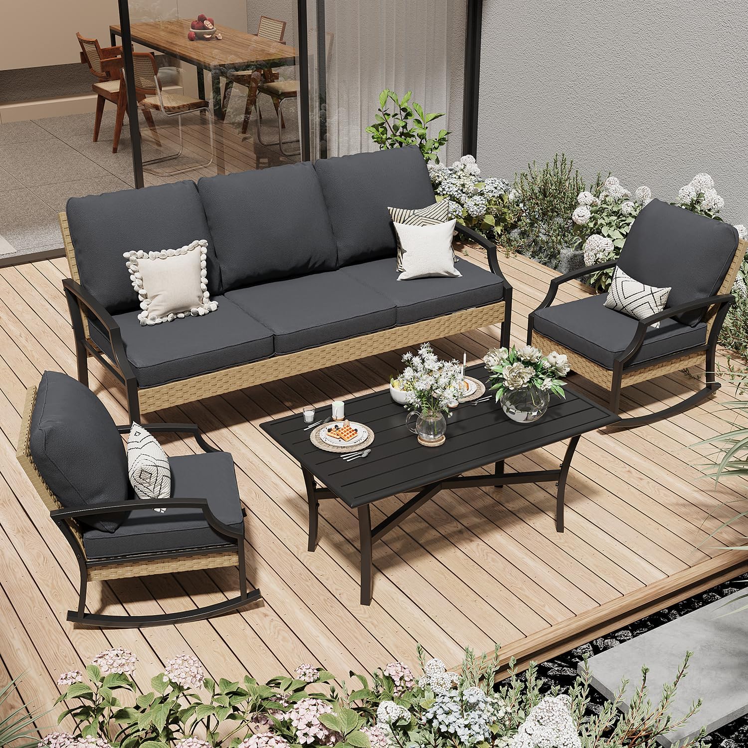 AECOJOY Outdoor Patio Furniture Set with Rocking Chair, 4 Piece Rattan Conversation Bistro Set with Coffee Table, Gray