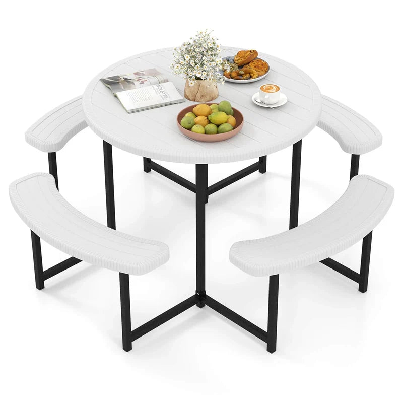 8 Person Round Outdoor Picnic Table Bench Set with Umbrella Hole, All-Weather HDPE Tabletop & Metal Frame for Patio Garden Yard