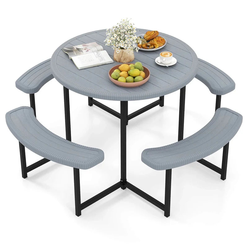 8 Person Round Outdoor Picnic Table Bench Set with Umbrella Hole, All-Weather HDPE Tabletop & Metal Frame for Patio Garden Yard